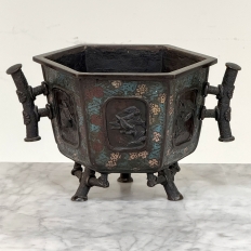 Antique Japanese Meiji Period Enameled Bronze Hexagonal Cachepot Planter