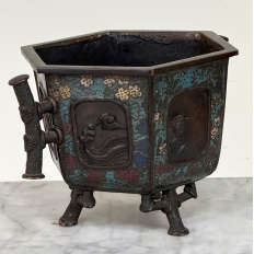 Antique Japanese Meiji Period Enameled Bronze Hexagonal Cachepot Planter