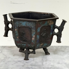 Antique Japanese Meiji Period Enameled Bronze Hexagonal Cachepot Planter