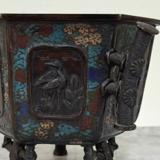 Antique Japanese Meiji Period Enameled Bronze Hexagonal Cachepot Planter