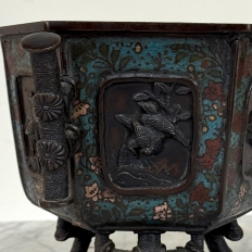 Antique Japanese Meiji Period Enameled Bronze Hexagonal Cachepot Planter