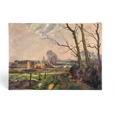 Antique Oil Painting on Canvas by Victor Fermans 'Winter Village Landscape'