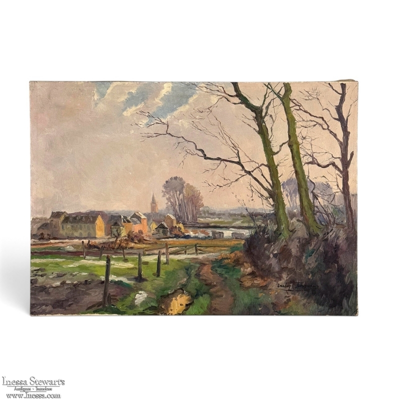 Antique Oil Painting on Canvas by Victor Fermans 'Winter Village Landscape'