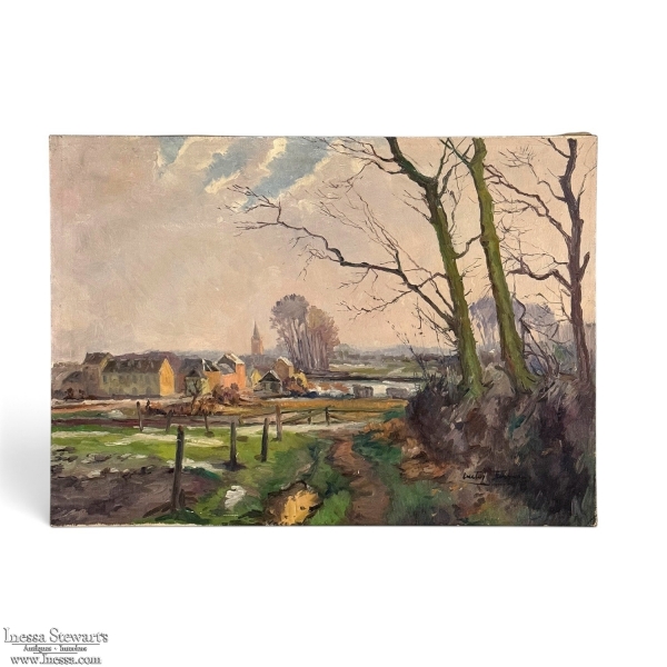 Antique Oil Painting on Canvas by Victor Fermans 'Winter Village Landscape'