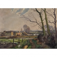 Antique Oil Painting on Canvas by Victor Fermans 'Winter Village Landscape'