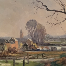 Antique Oil Painting on Canvas by Victor Fermans 'Winter Village Landscape'