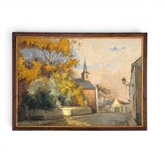 Antique Framed Oil Painting on Canvas by Victor Fermans 'Autumn Village Scene'