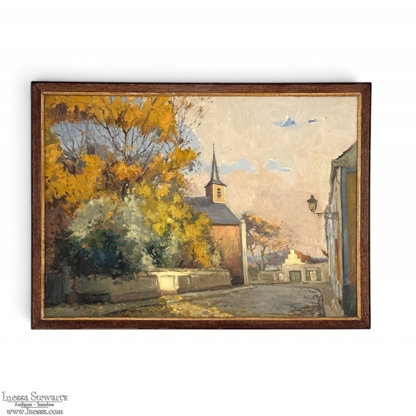 Antique Framed Oil Painting on Canvas by Victor Fermans 'Autumn Village Scene'