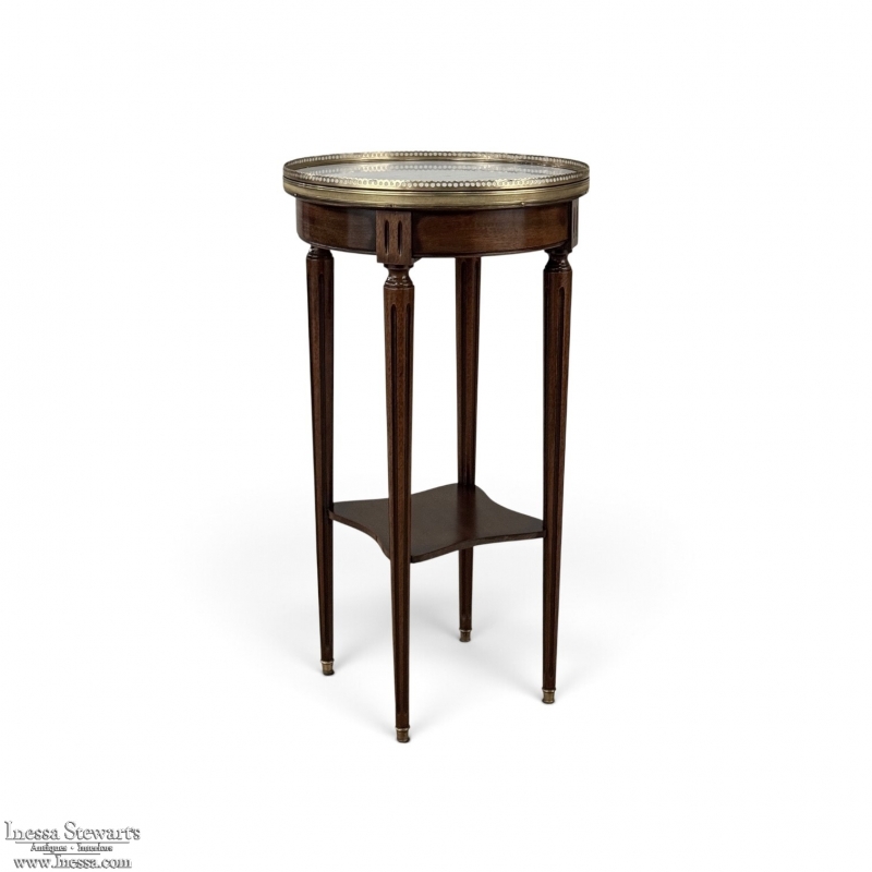 French Louis XVI Mahogany End Table with Carrara Marble Top and Brass Gallery