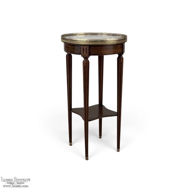 French Louis XVI Mahogany End Table with Carrara Marble Top and Brass Gallery