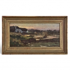 Antique European Oil Painting on Panel, Landscape with Pond and Thatched Farmhouse
