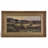 Antique European Oil Painting on Panel, Landscape with Pond and Thatched Farmhouse