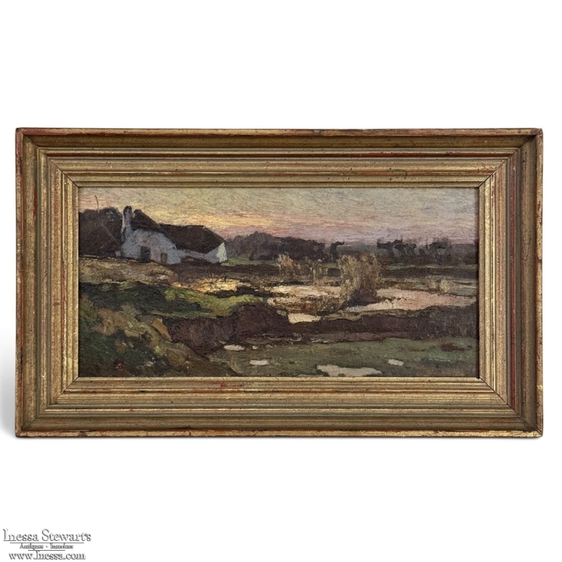 Antique European Oil Painting on Panel, Landscape with Pond and Thatched Farmhouse