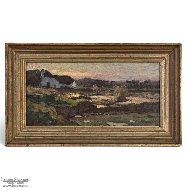 Antique European Oil Painting on Panel, Landscape with Pond and Thatched Farmhouse