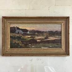 Antique European Oil Painting on Panel, Landscape with Pond and Thatched Farmhouse