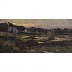 Antique European Oil Painting on Panel, Landscape with Pond and Thatched Farmhouse