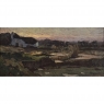 Antique European Oil Painting on Panel, Landscape with Pond and Thatched Farmhouse