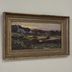 Antique European Oil Painting on Panel, Landscape with Pond and Thatched Farmhouse