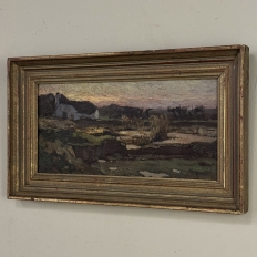 Antique European Oil Painting on Panel, Landscape with Pond and Thatched Farmhouse