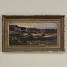 Antique European Oil Painting on Panel, Landscape with Pond and Thatched Farmhouse