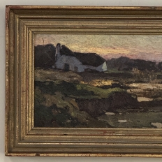 Antique European Oil Painting on Panel, Landscape with Pond and Thatched Farmhouse