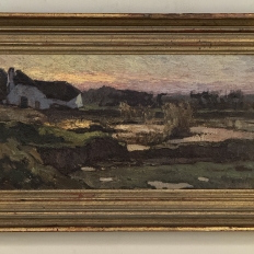 Antique European Oil Painting on Panel, Landscape with Pond and Thatched Farmhouse