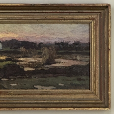 Antique European Oil Painting on Panel, Landscape with Pond and Thatched Farmhouse
