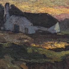 Antique European Oil Painting on Panel, Landscape with Pond and Thatched Farmhouse