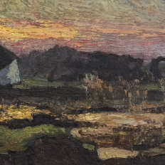 Antique European Oil Painting on Panel, Landscape with Pond and Thatched Farmhouse