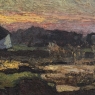 Antique European Oil Painting on Panel, Landscape with Pond and Thatched Farmhouse