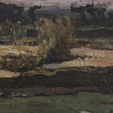 Antique European Oil Painting on Panel, Landscape with Pond and Thatched Farmhouse
