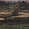 Antique European Oil Painting on Panel, Landscape with Pond and Thatched Farmhouse
