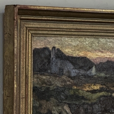 Antique European Oil Painting on Panel, Landscape with Pond and Thatched Farmhouse
