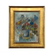 id Century Modernist Floral Still Life Oil Painting by Marcel Mortier in Original Gold Leaf Frame