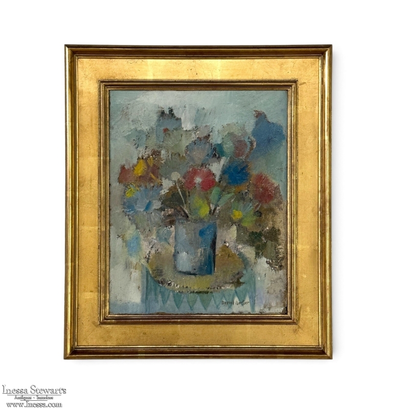 id Century Modernist Floral Still Life Oil Painting by Marcel Mortier in Original Gold Leaf Frame