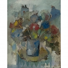 id Century Modernist Floral Still Life Oil Painting by Marcel Mortier in Original Gold Leaf Frame