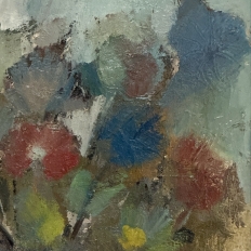 id Century Modernist Floral Still Life Oil Painting by Marcel Mortier in Original Gold Leaf Frame