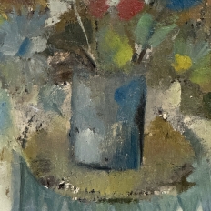 id Century Modernist Floral Still Life Oil Painting by Marcel Mortier in Original Gold Leaf Frame