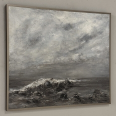 Mid Century Oil on Canvas by Francine Kerckx (1921-?) 'Stormy Seascape with Rocky Coast'