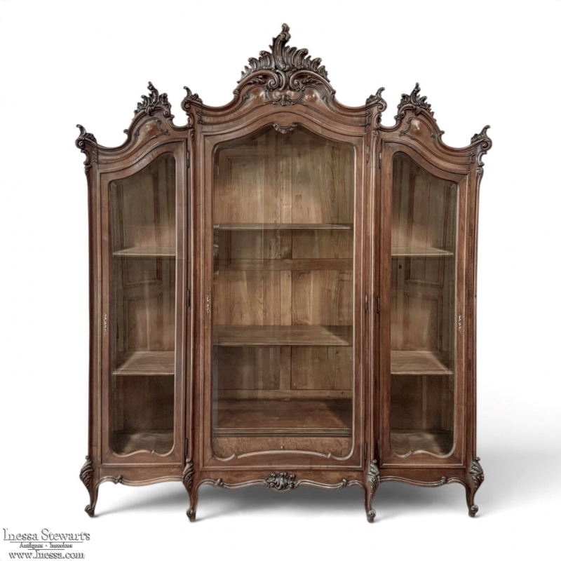 19th Century Italian Rococo Walnut Three-Door Display Bookcase ~ Armoire