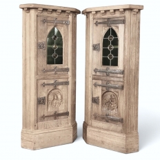 Pair Rustic Gothic Revival Oak Corner Wine Cabinets ~ Vitrines