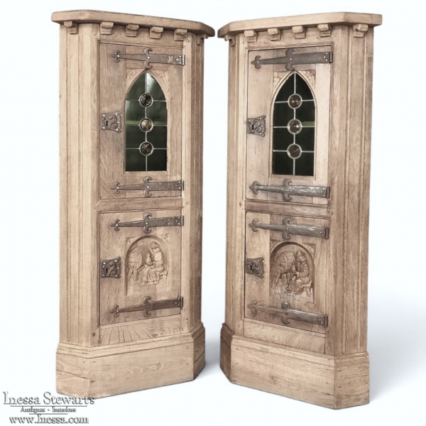 Pair Rustic Gothic Revival Oak Corner Wine Cabinets ~ Vitrines