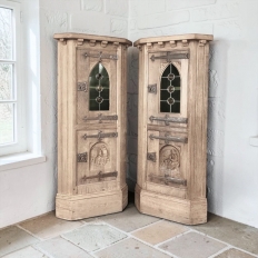 Pair Rustic Gothic Revival Oak Corner Wine Cabinets ~ Vitrines