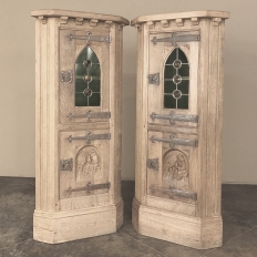 Pair Rustic Gothic Revival Oak Corner Wine Cabinets ~ Vitrines