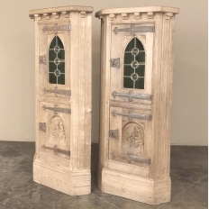 Pair Rustic Gothic Revival Oak Corner Wine Cabinets ~ Vitrines