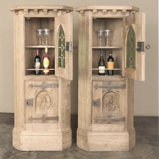 Pair Rustic Gothic Revival Oak Corner Wine Cabinets ~ Vitrines