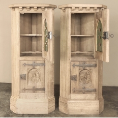 Pair Rustic Gothic Revival Oak Corner Wine Cabinets ~ Vitrines