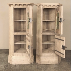 Pair Rustic Gothic Revival Oak Corner Wine Cabinets ~ Vitrines