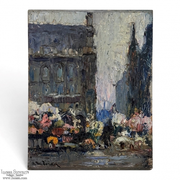 Antique Signed Oil Painting on Board 'Brussels Flower Market on the Grand Place'