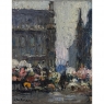 Antique Signed Oil Painting on Board 'Brussels Flower Market on the Grand Place'